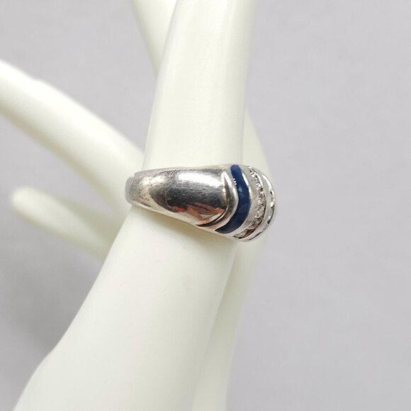 Sterling Silver Blue Enamel Clear Rhinestone Ring With Striped Design Size 6 - Picture 2 of 8